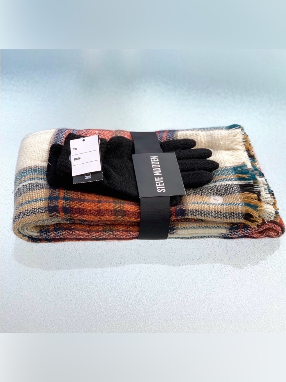 Steve Madden Black Knit Touchscreen Gloves and Red Plaid Blanket Scarf Gift Set - Picture 2 of 4